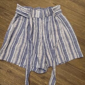 H M Striped Paperbag Waist Linen Blend Shorts Blue White Size 4